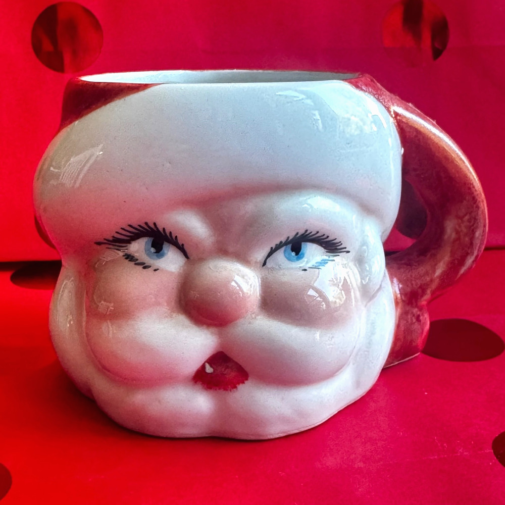 Vintage Santa Mug Blue Eyes Marked Italy Mid Century Christmas MCM Collector